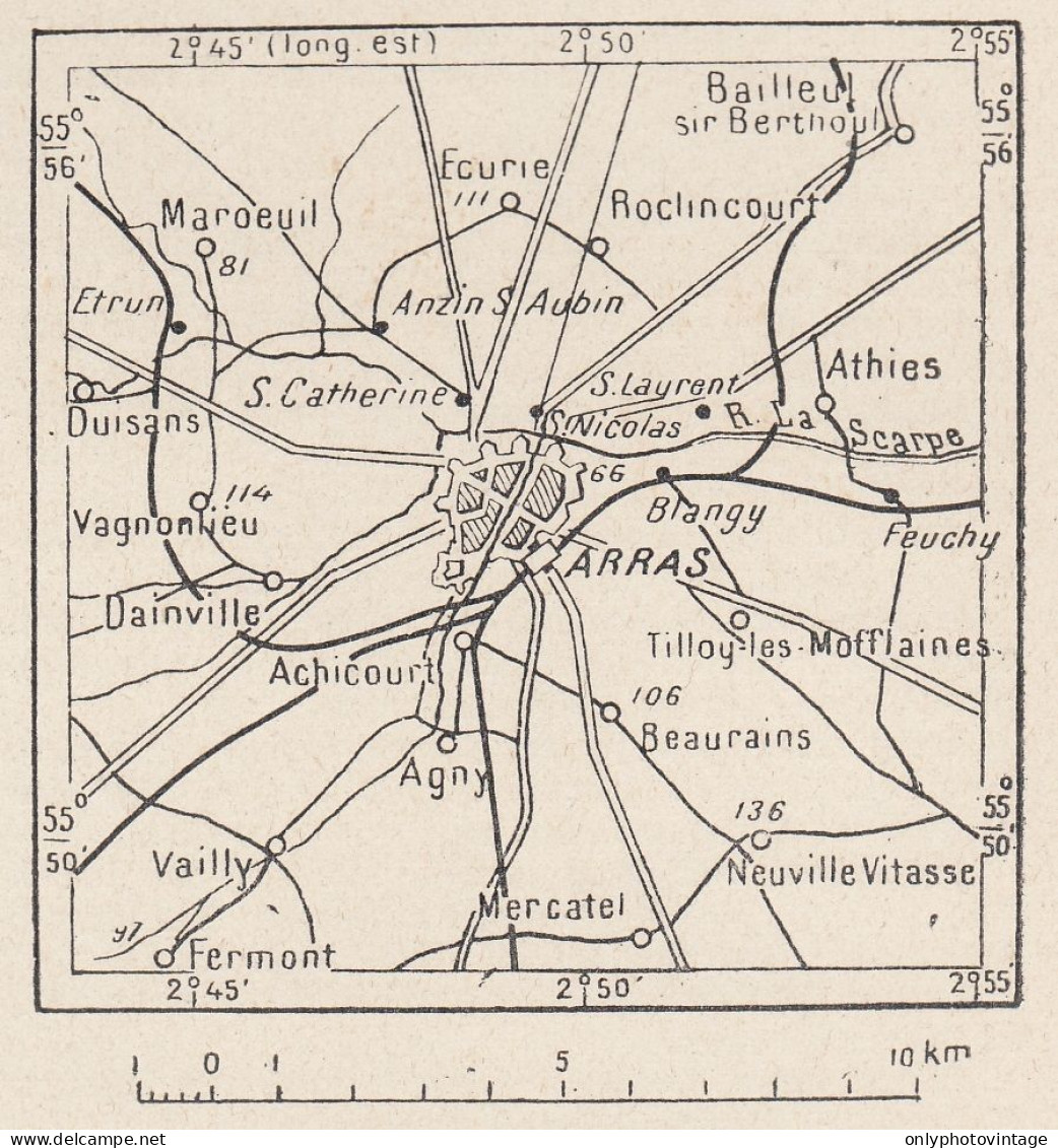 Francia, Arras E Dintorni, 1907 Carta Geografica Epoca, Vintage Map - Geographical Maps