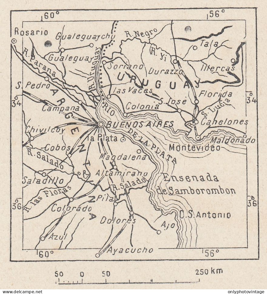 Argentina, Uruguay, Río De La Plata, 1907 Carta Geografica, Vintage Map - Mapas Geográficas