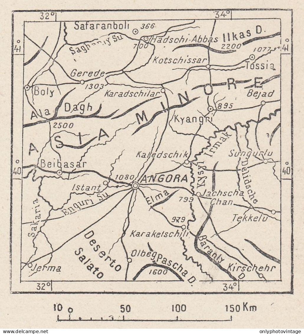 Turchia, Ankara E Dintorni, 1907 Carta Geografica Epoca, Vintage Map - Cartes Géographiques