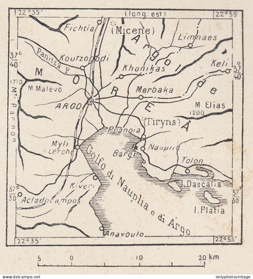 Grecia, Argo, Morea, 1907 Carta Geografica Epoca, Vintage Map - Mapas Geográficas