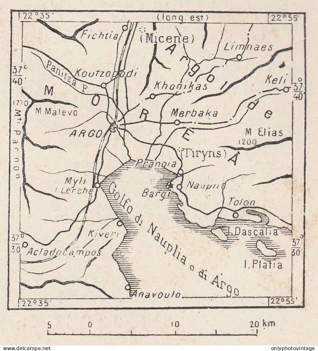 Grecia, Argo, Morea, 1907 Carta Geografica Epoca, Vintage Map - Landkarten