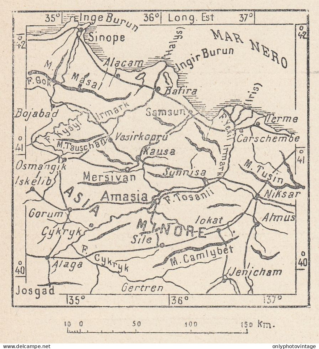 Turchia, Amasia, Sinope, Niksar, 1907 Carta Geografica Epoca, Vintage Map - Cartes Géographiques
