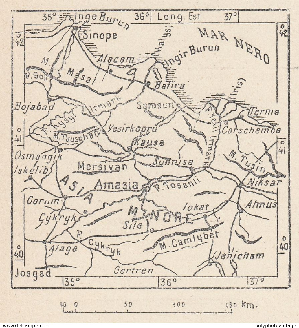 Turchia, Amasia, Sinope, Niksar, 1907 Carta Geografica Epoca, Vintage Map - Geographical Maps