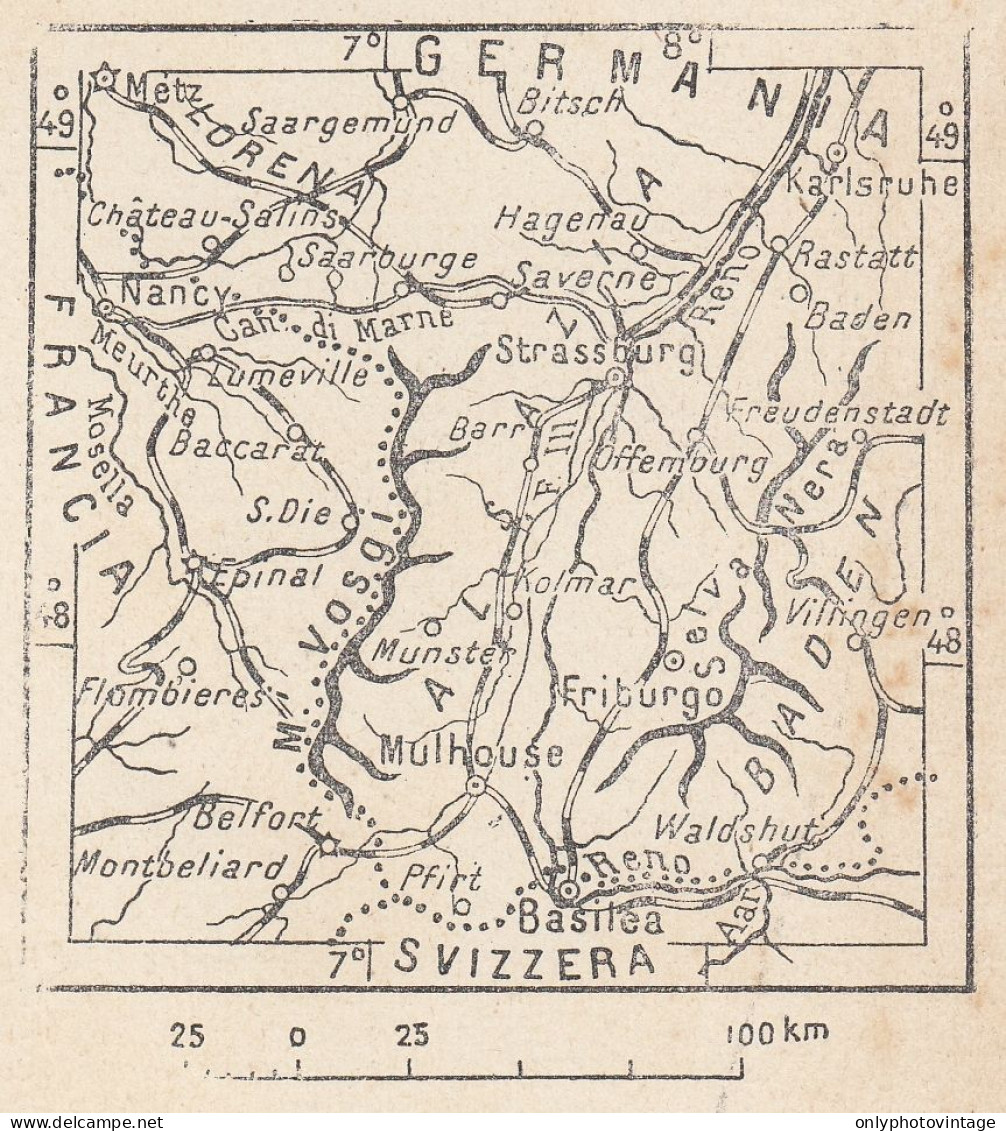 Francia, Alsazia, 1907 Carta Geografica Epoca, Vintage Map - Cartes Géographiques