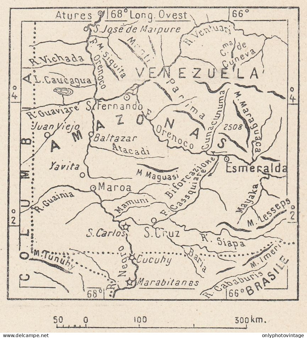 Venezuela, Amazonas, 1907 Carta Geografica Epoca, Vintage Map - Landkarten