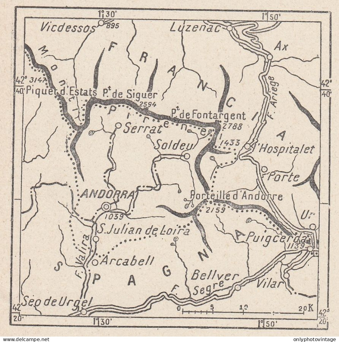 Andorra, 1907 Carta Geografica Epoca, Vintage Map - Mapas Geográficas