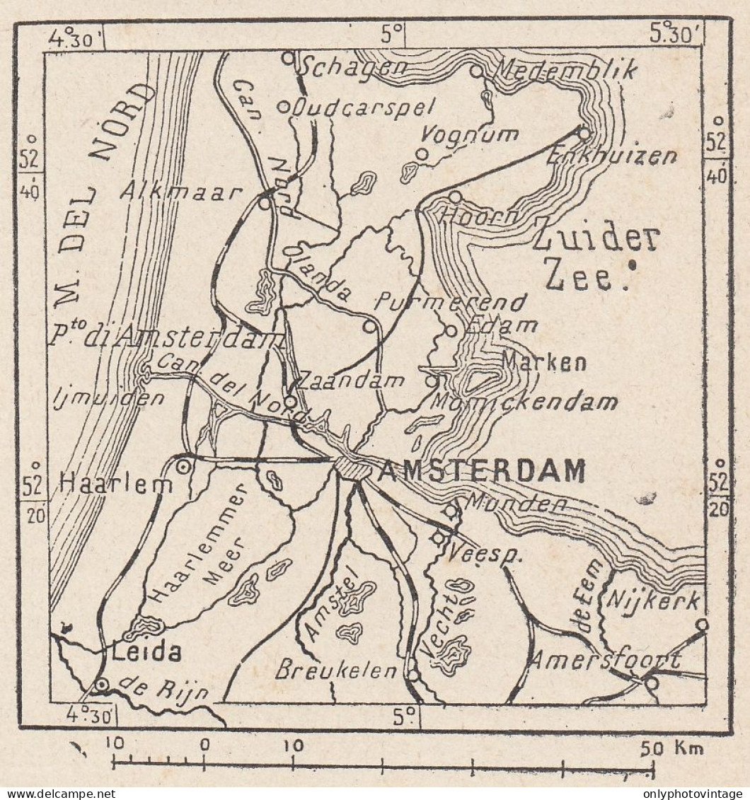 Paesi Bassi, Amsterdam E Dintorni, 1907 Carta Geografica Epoca Vintage Map - Cartes Géographiques