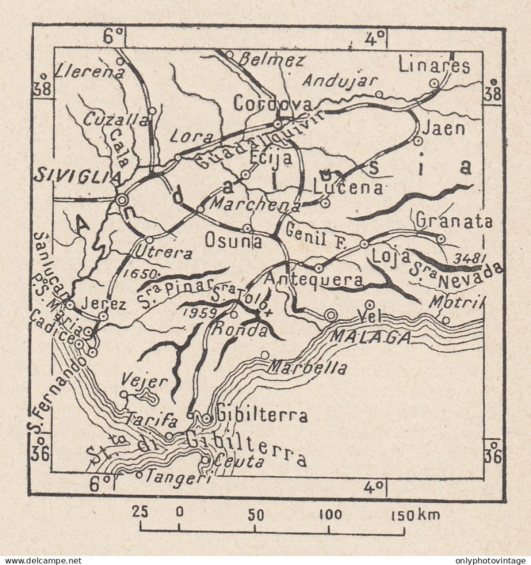 Spagna, Andalusia, 1907 Carta Geografica Epoca, Vintage Map - Mapas Geográficas