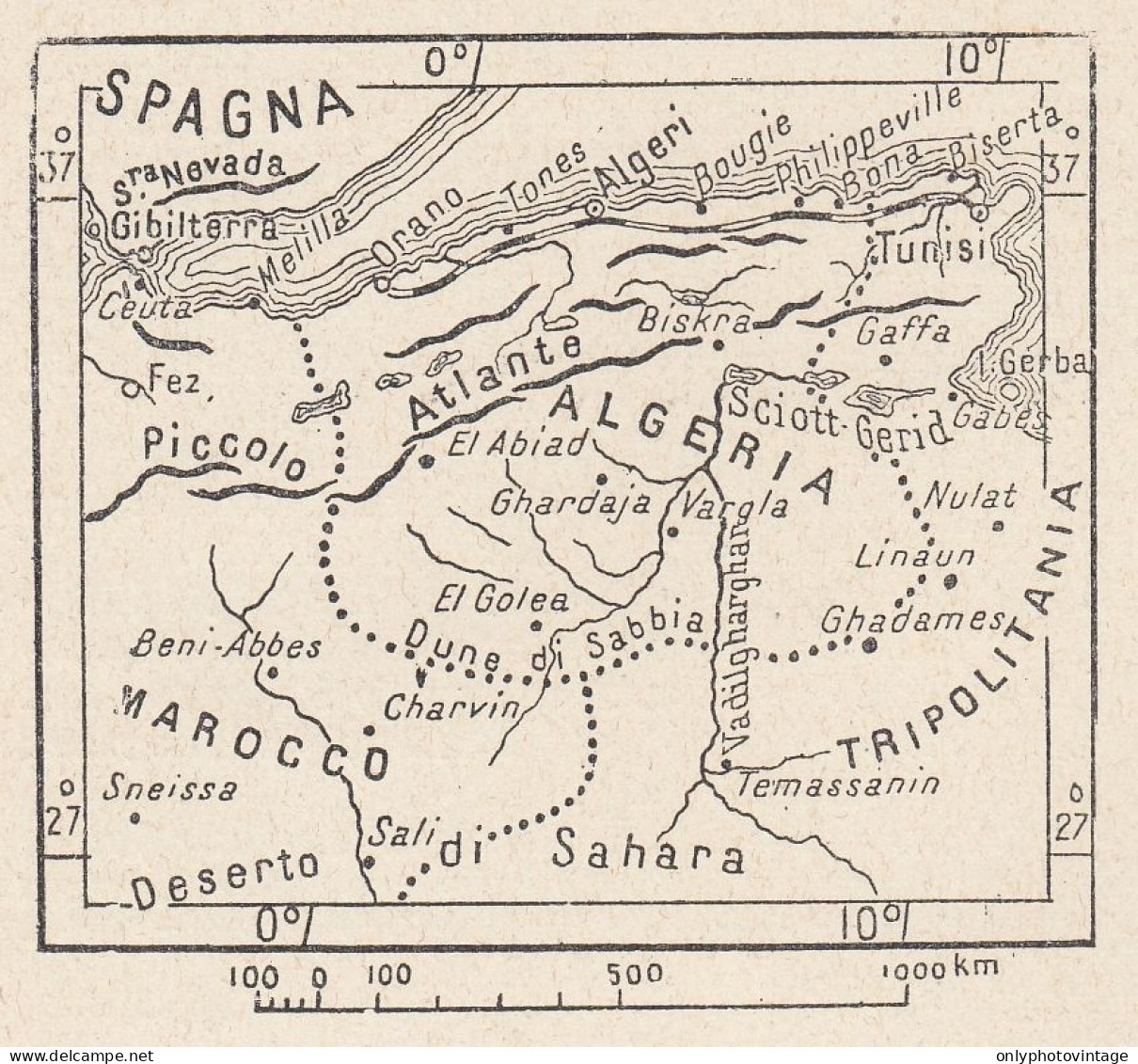 Algeria, 1907 Carta Geografica Epoca, Vintage Map - Mapas Geográficas