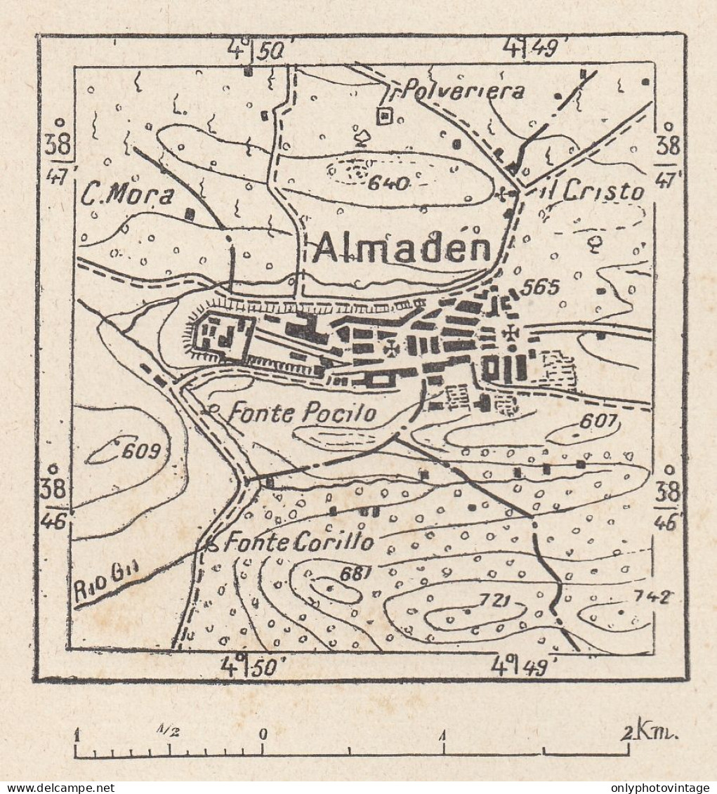 Spagna, Almadén E Dintorni, 1907 Carta Geografica Epoca, Vintage Map - Landkarten