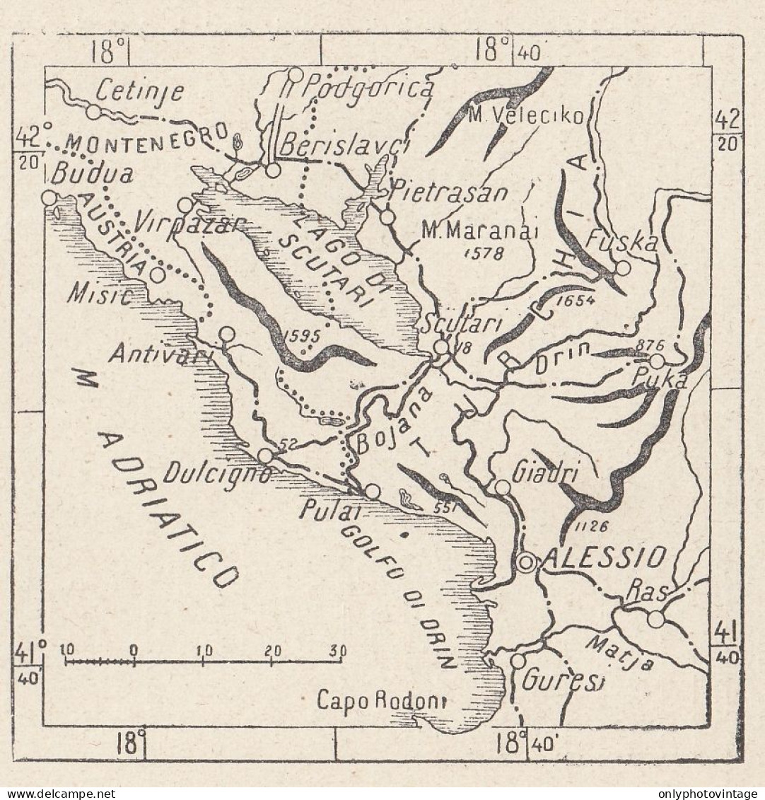 Albania, 1907 Carta Geografica Epoca, Vintage Map - Geographical Maps