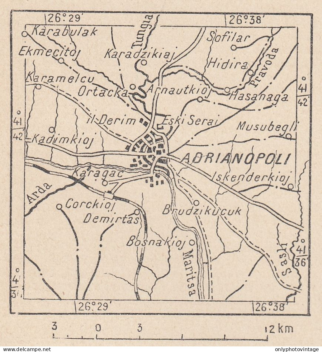 Turchia, Adrianopoli, Edirne, 1907 Carta Geografica Epoca, Vintage Map - Landkarten