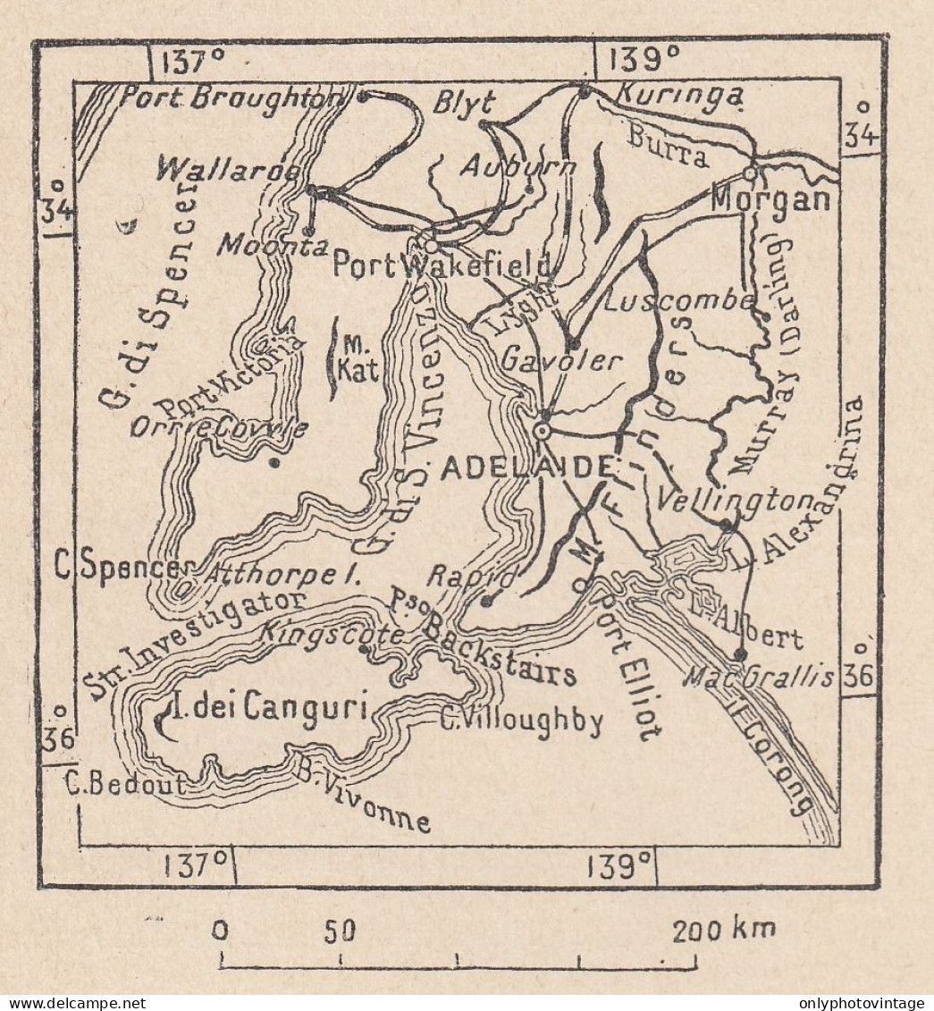 Australia, Adelaide E Dintorni, 1907 Carta Geografica Epoca, Vintage Map - Cartes Géographiques