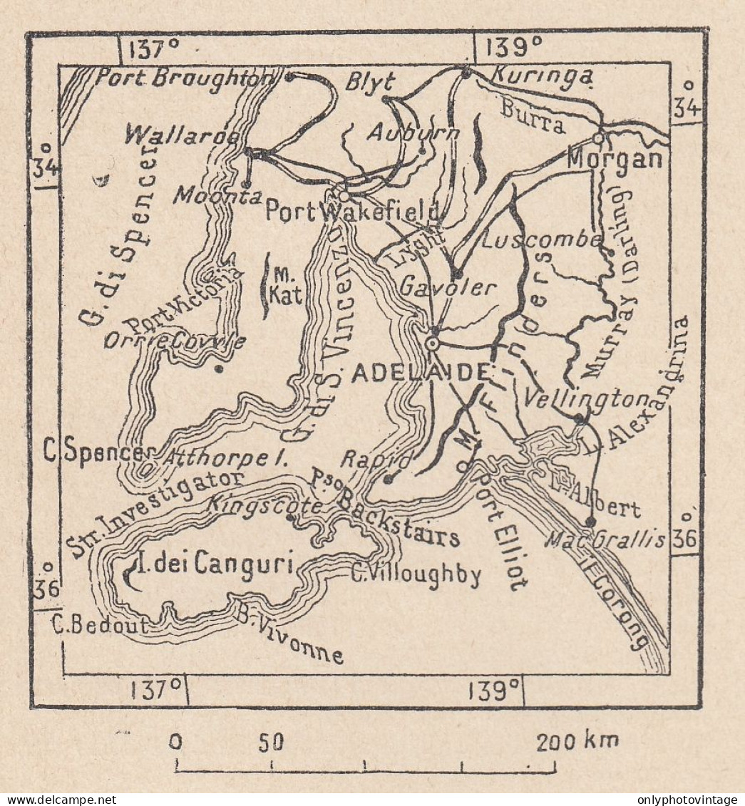 Australia, Adelaide E Dintorni, 1907 Carta Geografica Epoca, Vintage Map - Landkarten