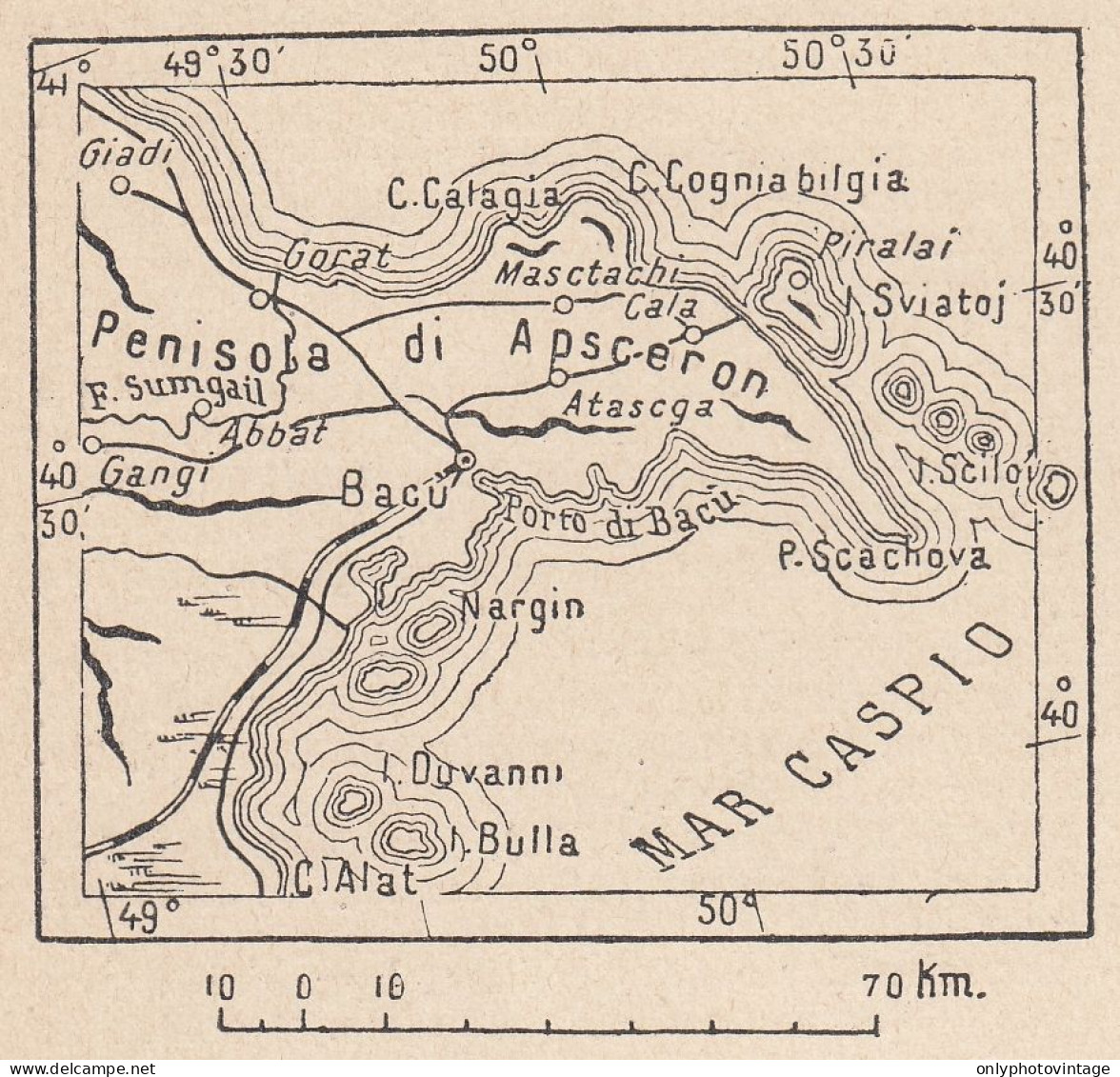 Azerbaigian, Absheron Peninsula, 1907 Carta Geografica Epoca, Vintage Map - Mapas Geográficas