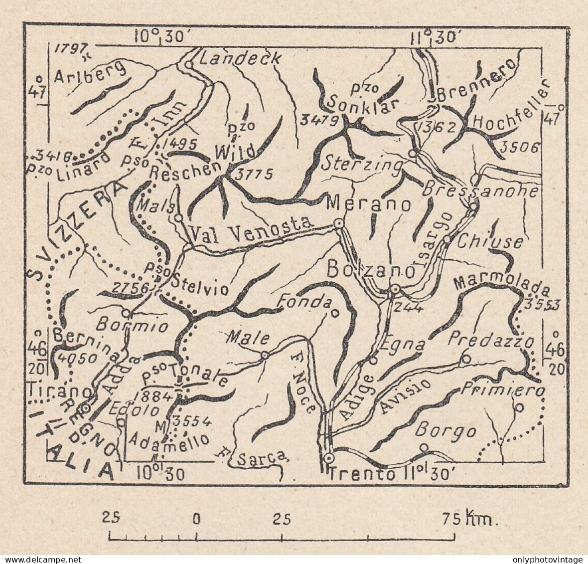 Italia, Corso Dell'Adige, 1907 Carta Geografica Epoca, Vintage Map - Landkarten