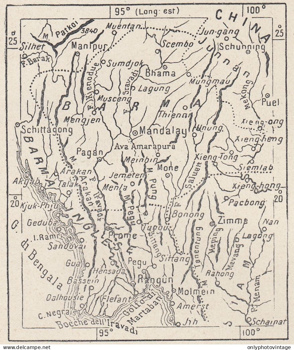 Birmania, Myanmar, 1907 Carta Geografica Epoca, Vintage Map - Landkarten