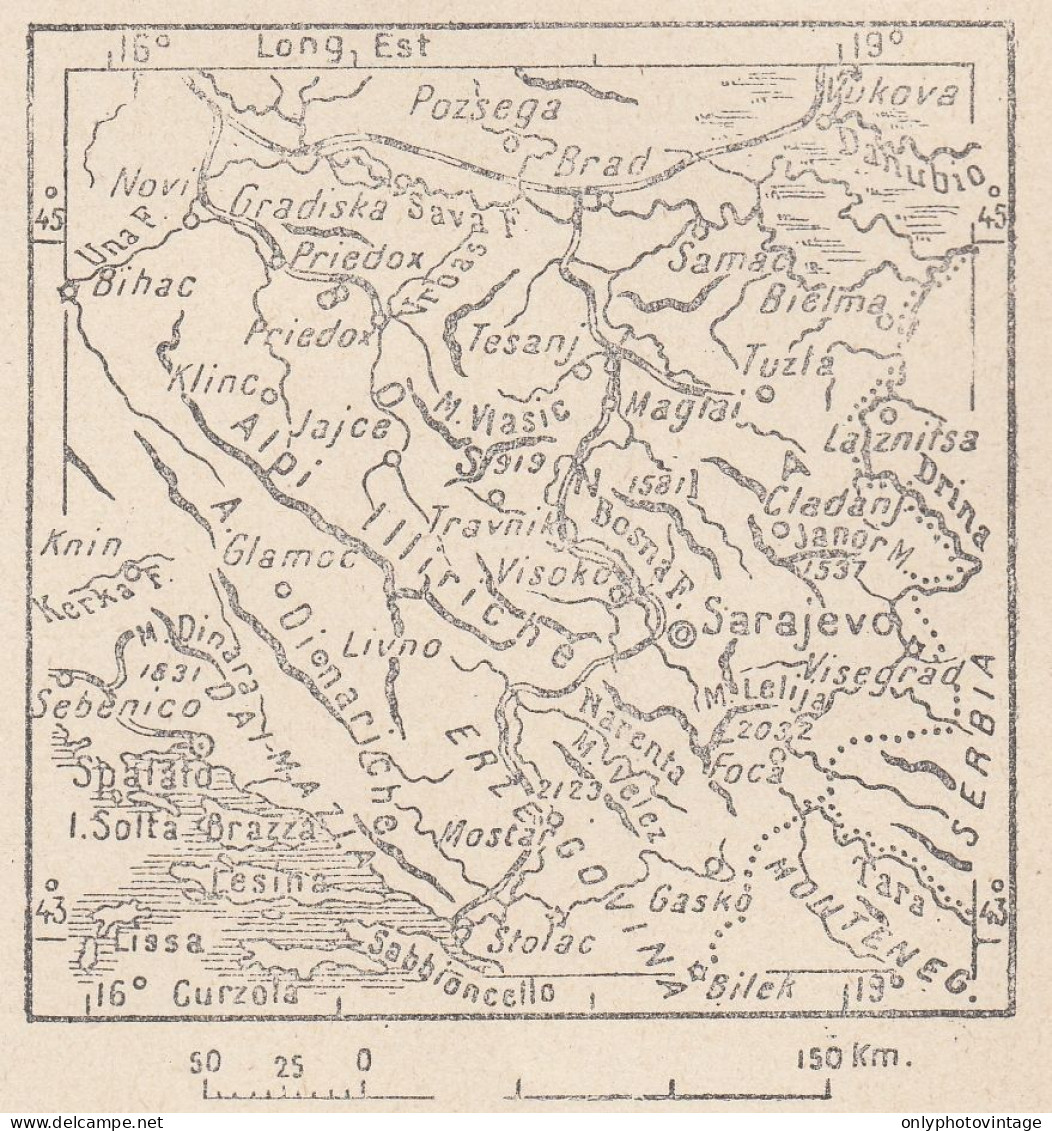 Bosnia, 1907 Carta Geografica Epoca, Vintage Map - Landkarten