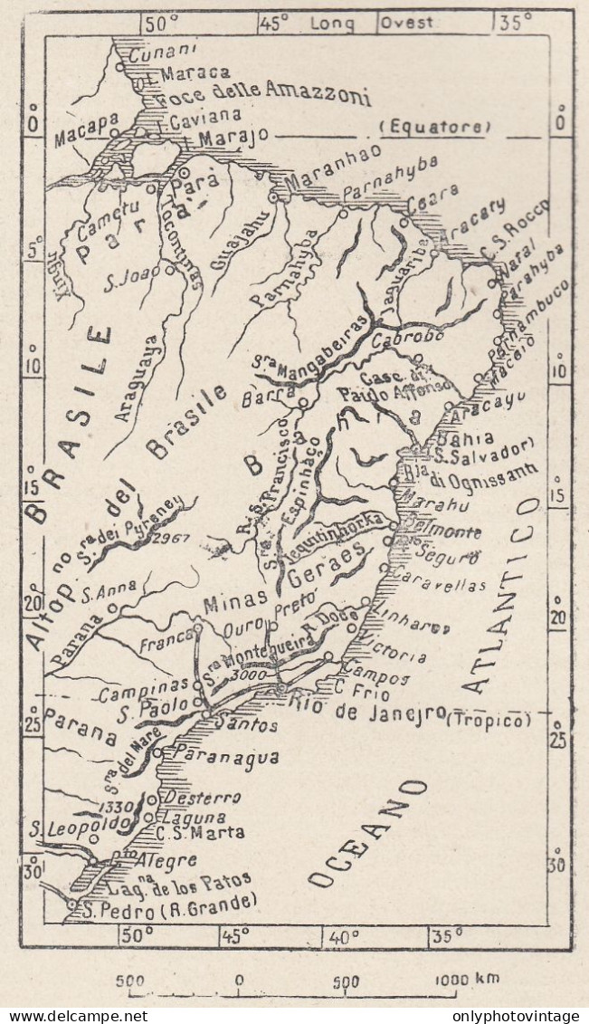 Costa Del Brasile, 1907 Carta Geografica Epoca, Vintage Map - Landkarten