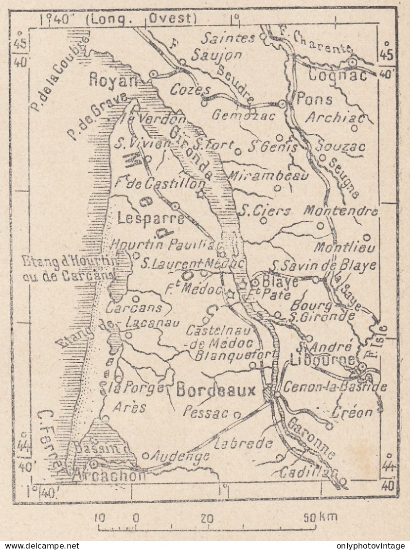 Francia, Bordeaux E Dintorni, 1907 Carta Geografica Epoca, Vintage Map - Landkarten