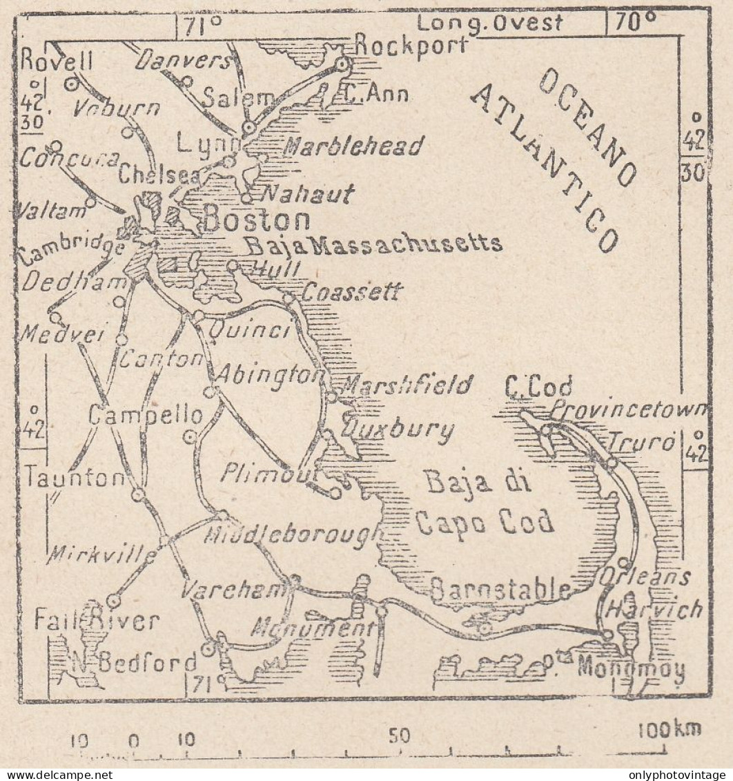 Massachusetts, Boston E Dintorni, 1907 Carta Geografica Epoca, Vintage Map - Landkarten