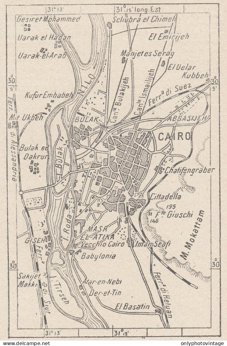 Egitto, Il Cairo, 1907 Carta Geografica Epoca, Vintage Map - Landkarten