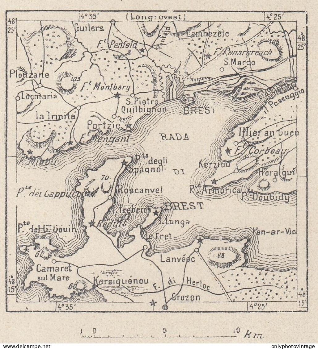 Francia, Brest E Dintorni, 1907 Carta Geografica Epoca, Vintage Map - Landkarten