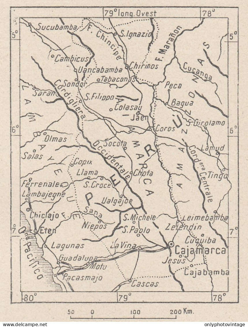 Perù, Cajamarca E Dintorni, 1907 Carta Geografica Epoca, Vintage Map - Geographische Kaarten