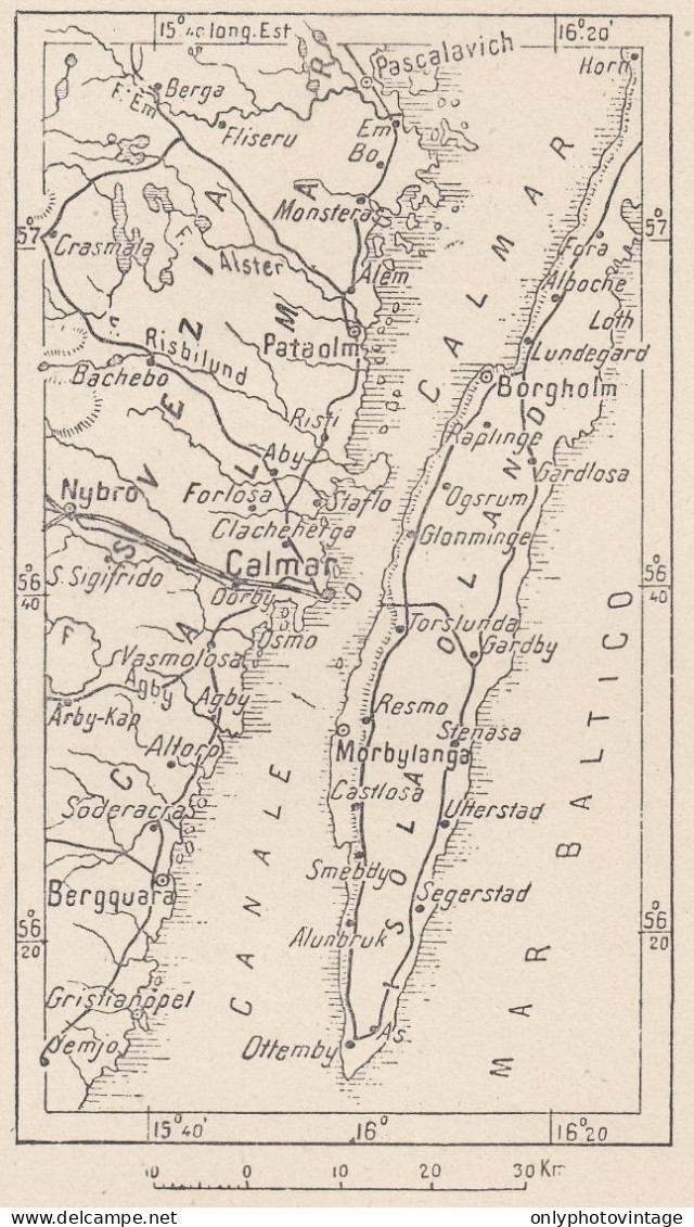 Svezia, Kalmar E Dintorni, 1907 Carta Geografica Epoca, Vintage Map - Landkarten