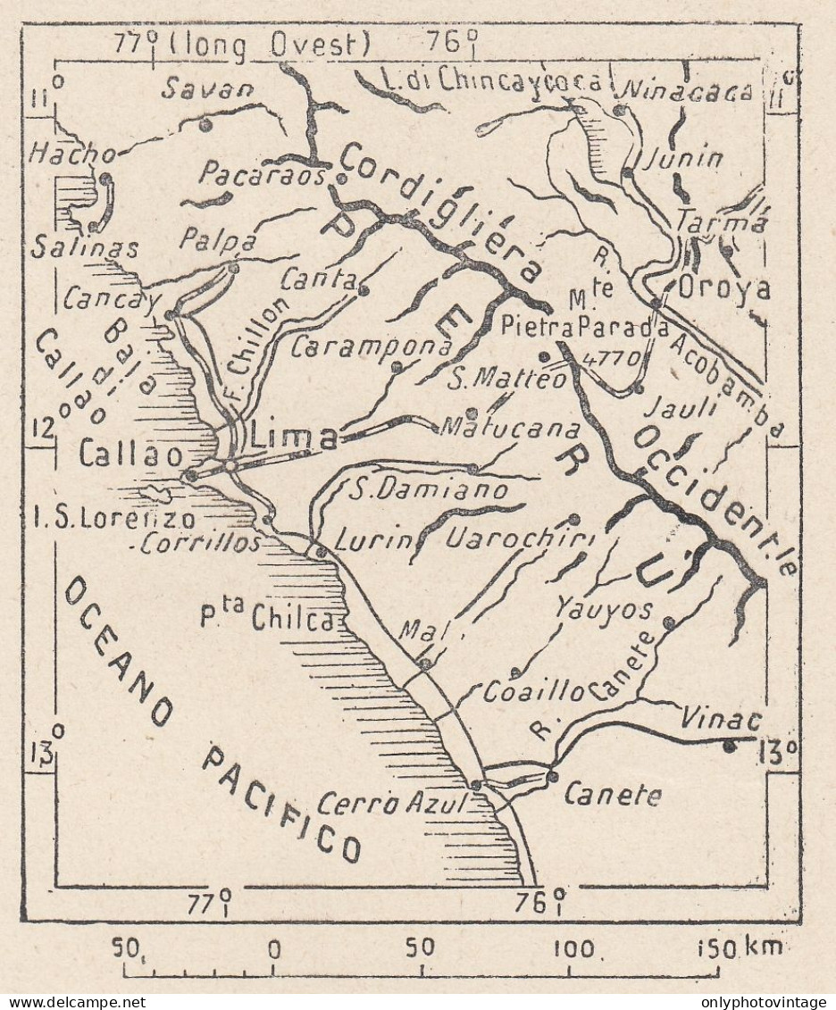 Perù, Callao, Lima-Oroya, 1907 Carta Geografica Epoca, Vintage Map - Geographische Kaarten