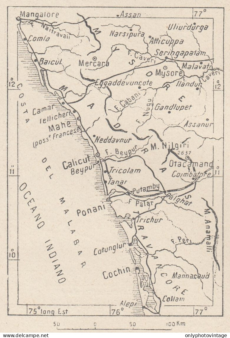 India, Calicut, Malabar, 1907 Carta Geografica Epoca, Vintage Map - Landkarten