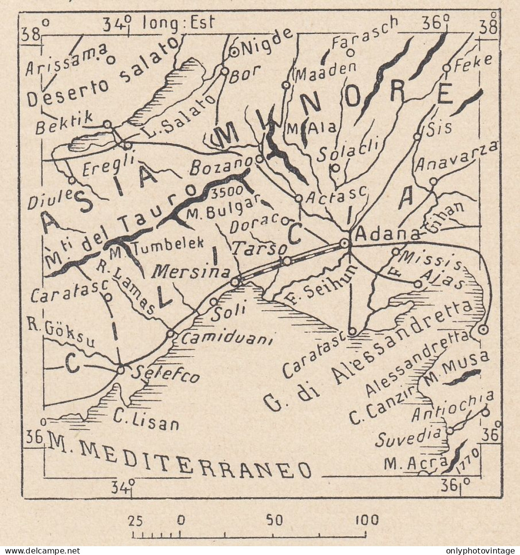 Asia Minore, Cilicia E Dintorni, 1907 Carta Geografica Epoca, Vintage Map - Cartes Géographiques