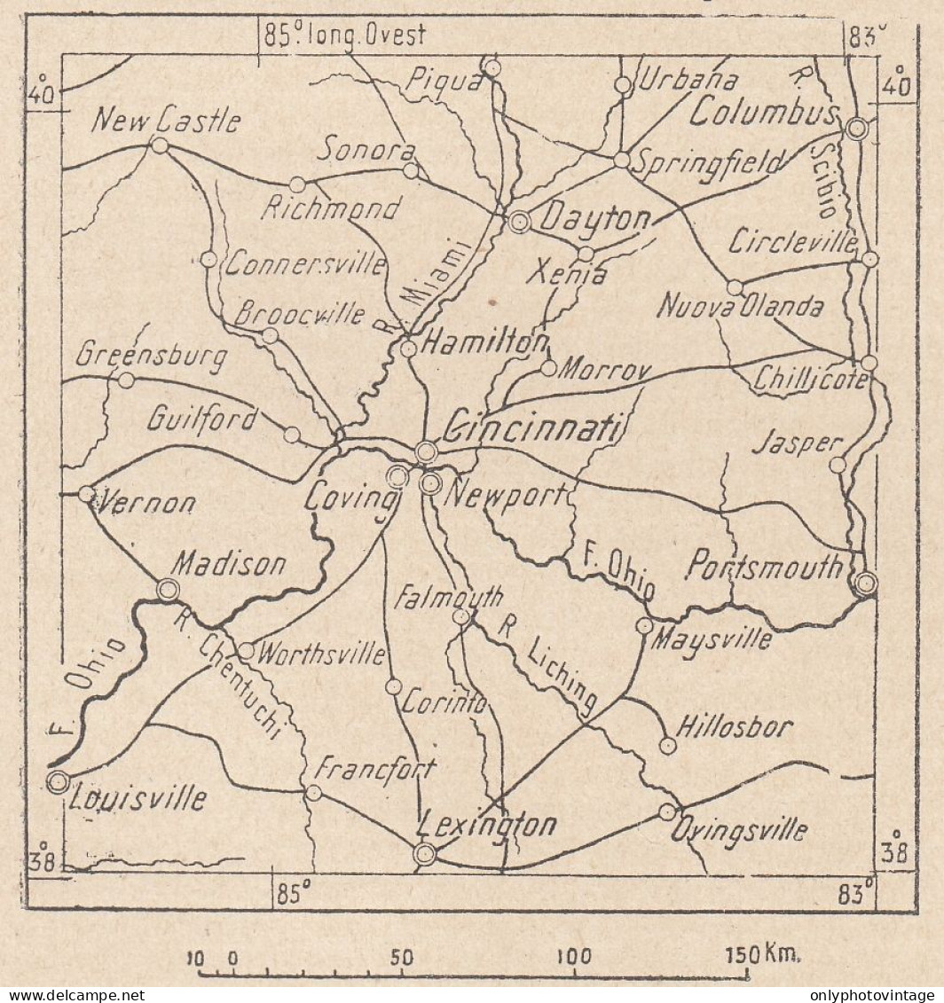 Ohio, Cincinnati E Dintorni, 1907 Carta Geografica Epoca, Vintage Map - Landkarten