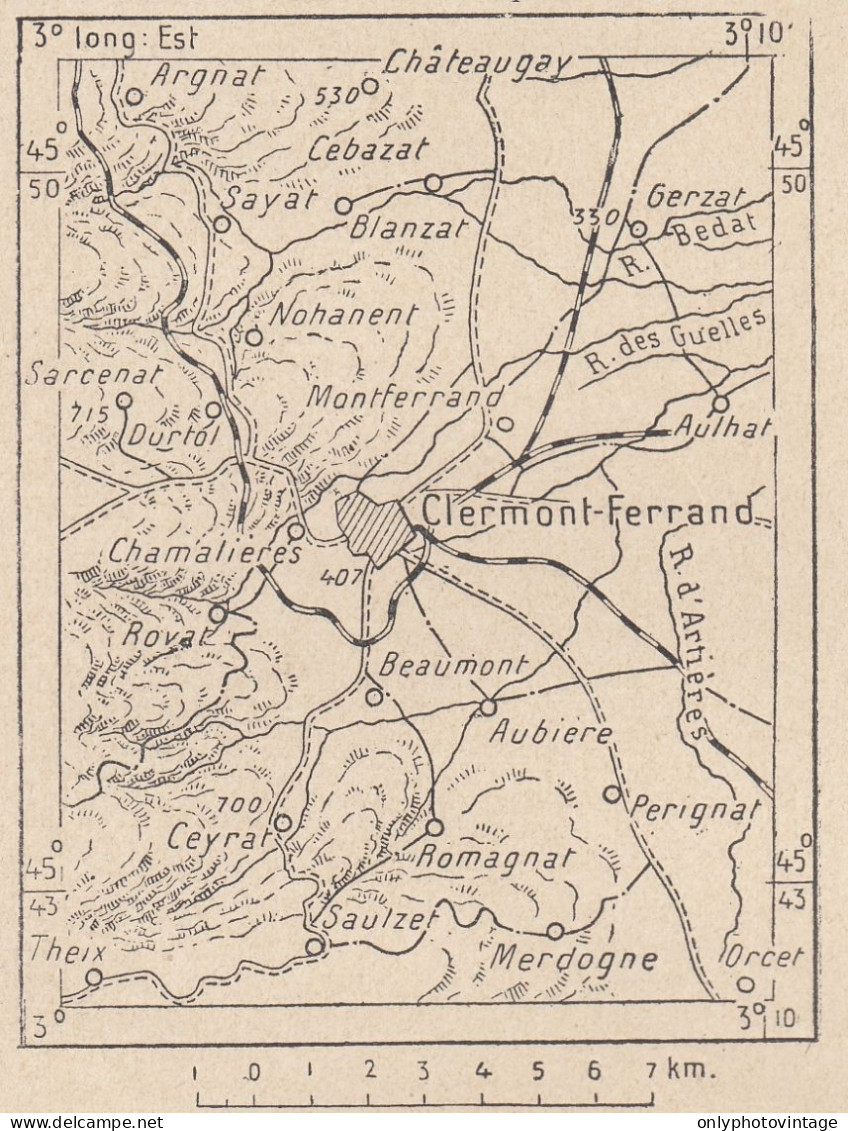 Francia, Clermont-Ferrand, 1907 Carta Geografica Epoca, Vintage Map - Geographische Kaarten