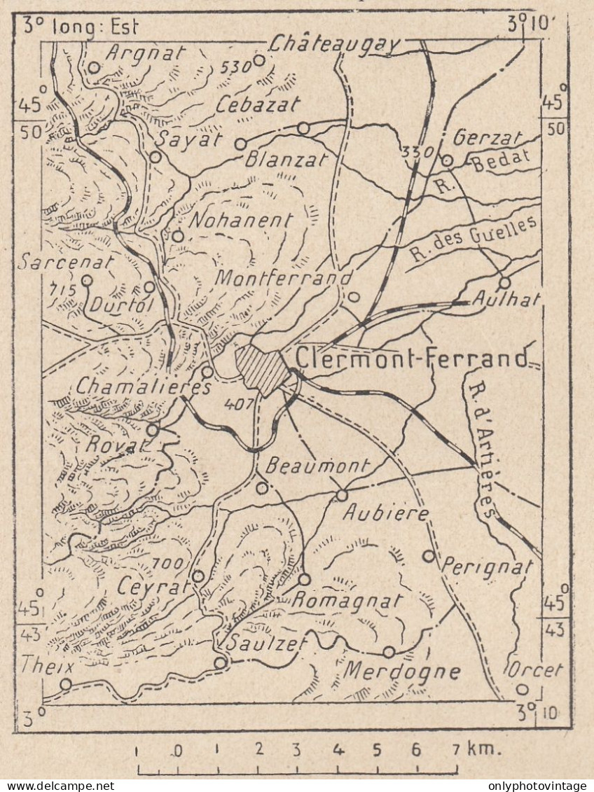 Francia, Clermont-Ferrand, 1907 Carta Geografica Epoca, Vintage Map - Cartes Géographiques
