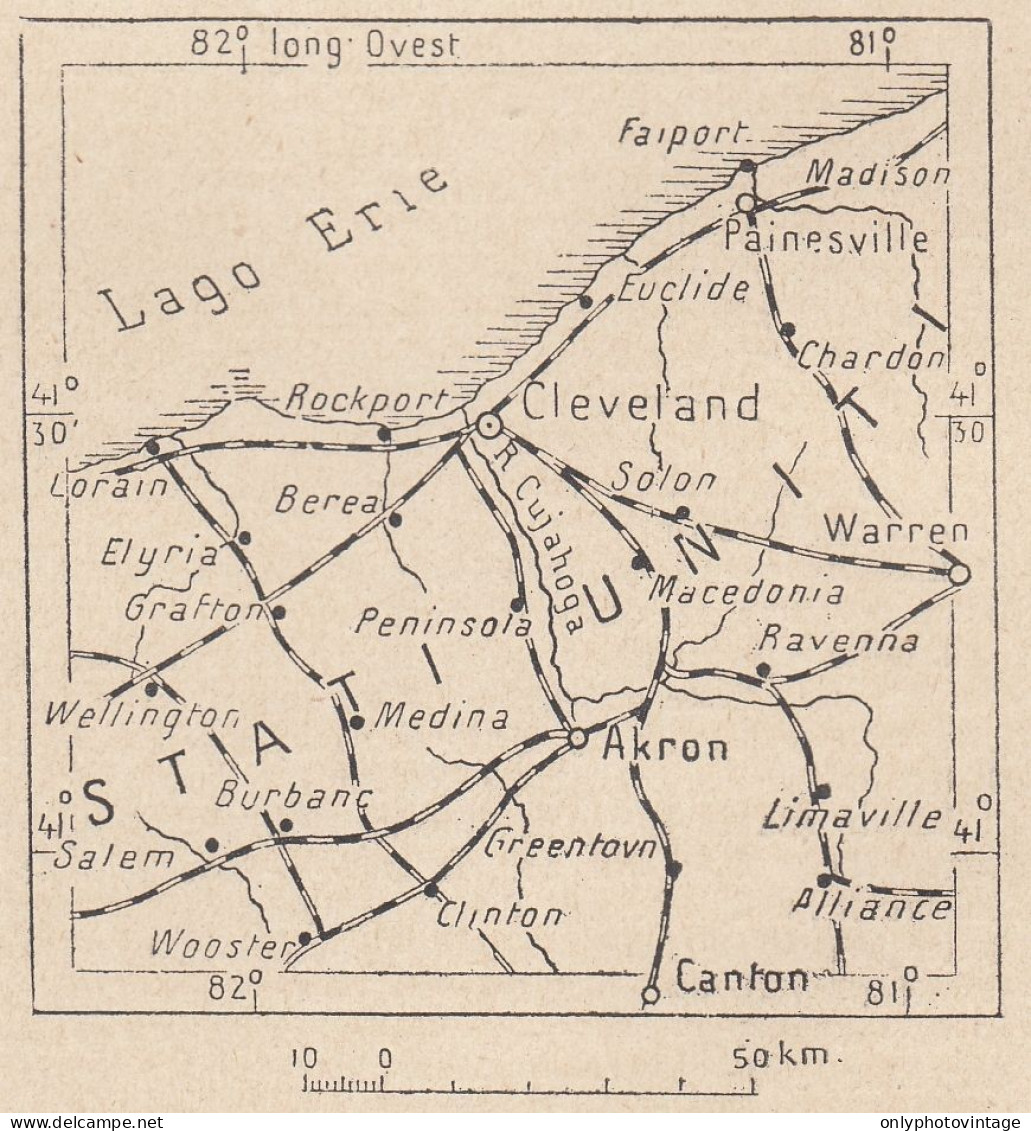 Ohio, Cleveland E Dintorni, 1907 Carta Geografica Epoca, Vintage Map - Mapas Geográficas