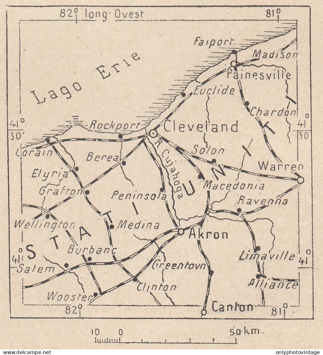 Ohio, Cleveland E Dintorni, 1907 Carta Geografica Epoca, Vintage Map - Landkarten