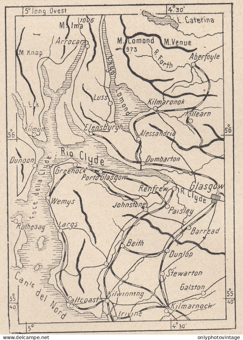 Scozia, Fiume Clyde, 1907 Carta Geografica Epoca, Vintage Map - Cartes Géographiques