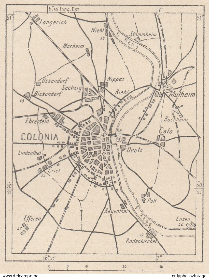 Germania, Colonia E Dintorni, 1907 Carta Geografica Epoca, Vintage Map - Landkarten