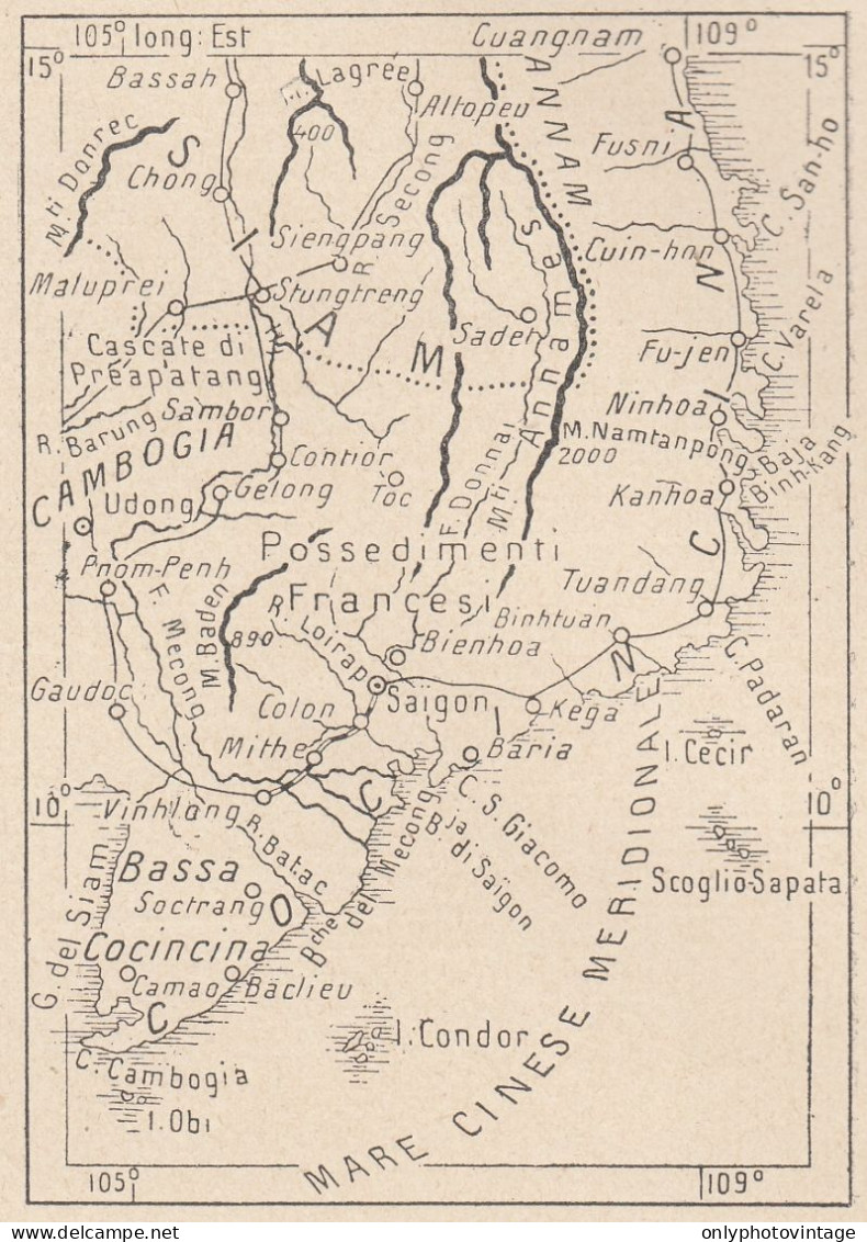 Vietnam, Cocincina, 1907 Carta Geografica Epoca, Vintage Map - Mapas Geográficas