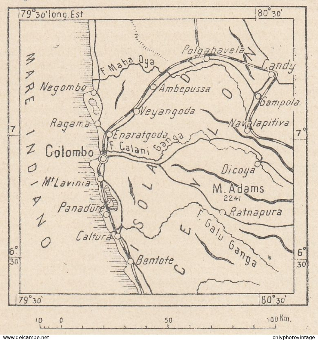 Sri Lanka, Colombo E Dintorni, 1907 Carta Geografica Epoca, Vintage Map - Geographical Maps