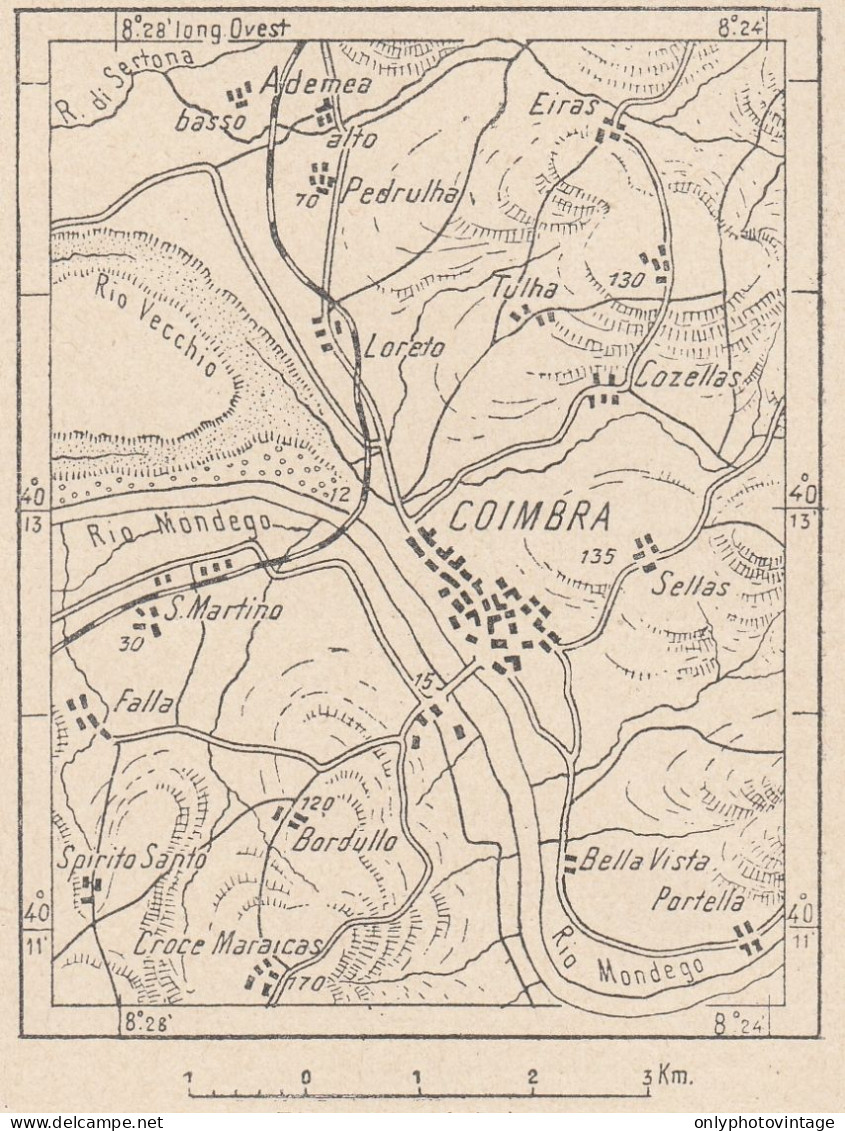 Portogallo, Coimbra E Dintorni, 1907 Carta Geografica Epoca, Vintage Map - Landkarten