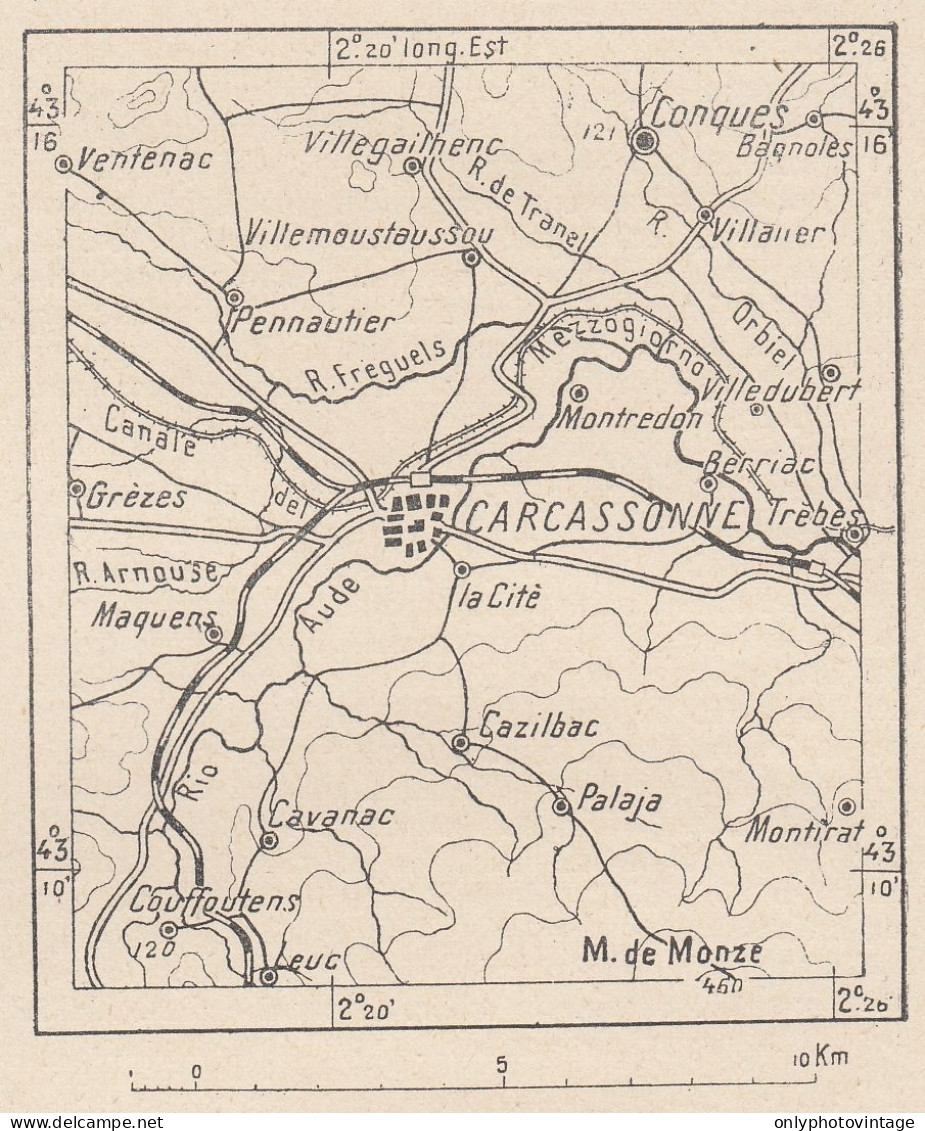 Francia, Carcassonne E Dintorni, 1907 Carta Geografica Epoca, Vintage Map - Landkarten