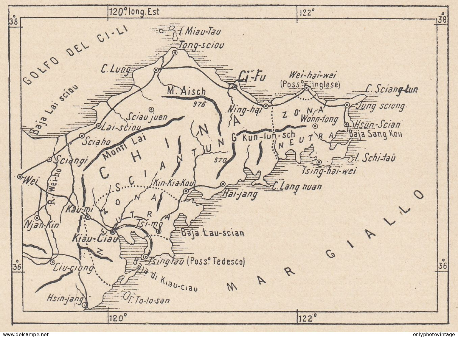 Cina, Yantai E Dintorni, 1907 Carta Geografica Epoca, Vintage Map - Landkarten