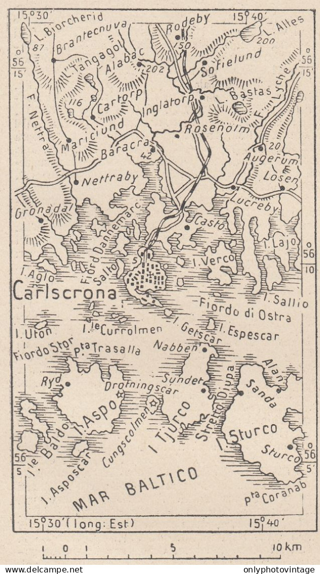 Svezia, Karlskrona E Dintorni, 1907 Carta Geografica Epoca, Vintage Map - Cartes Géographiques