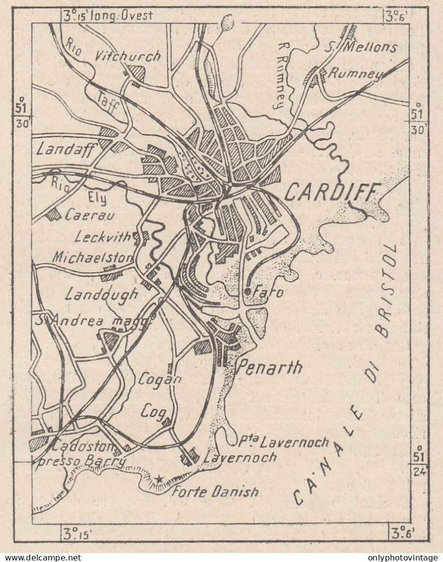 Galles, Cardiff E Dintorni, 1907 Carta Geografica Epoca, Vintage Map - Landkarten