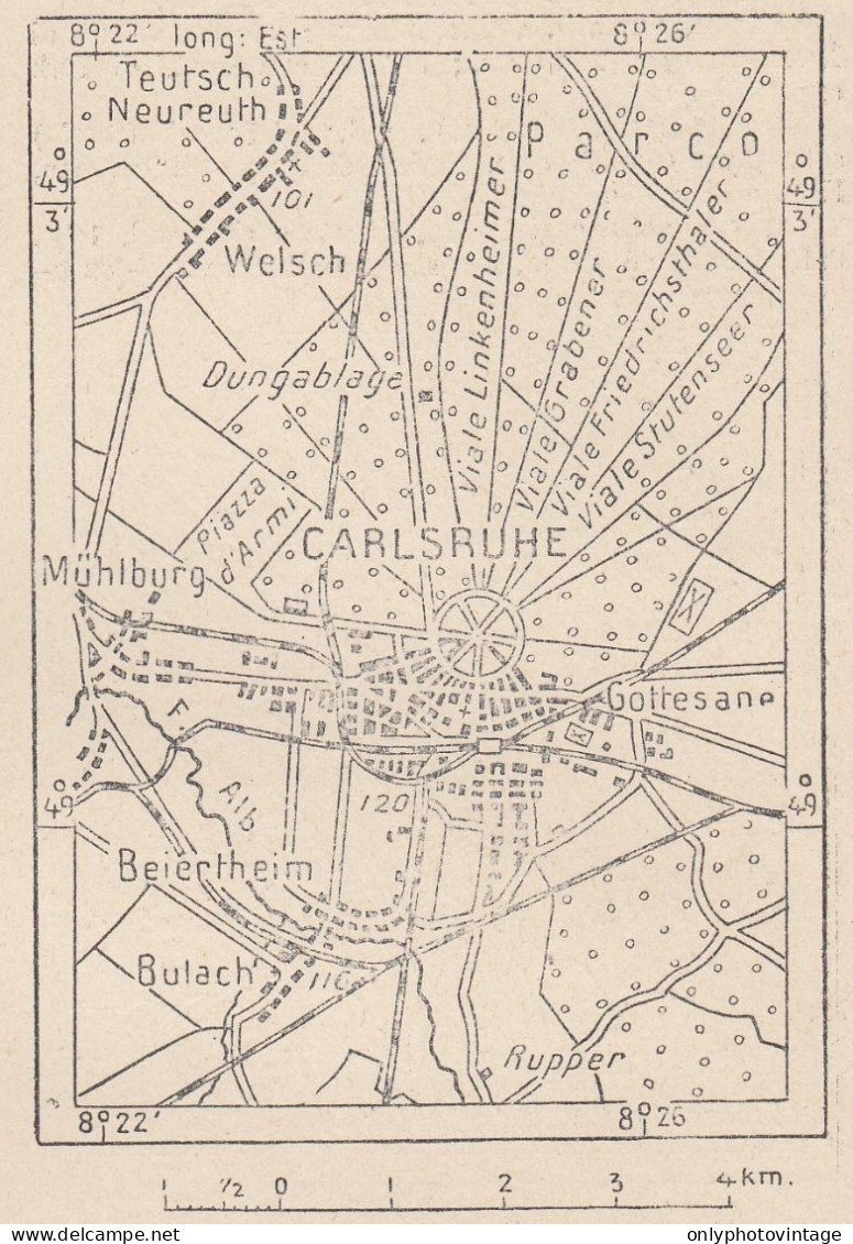 Germania, Karlsruhe E Dintorni, 1907 Carta Geografica Epoca, Vintage Map - Landkarten