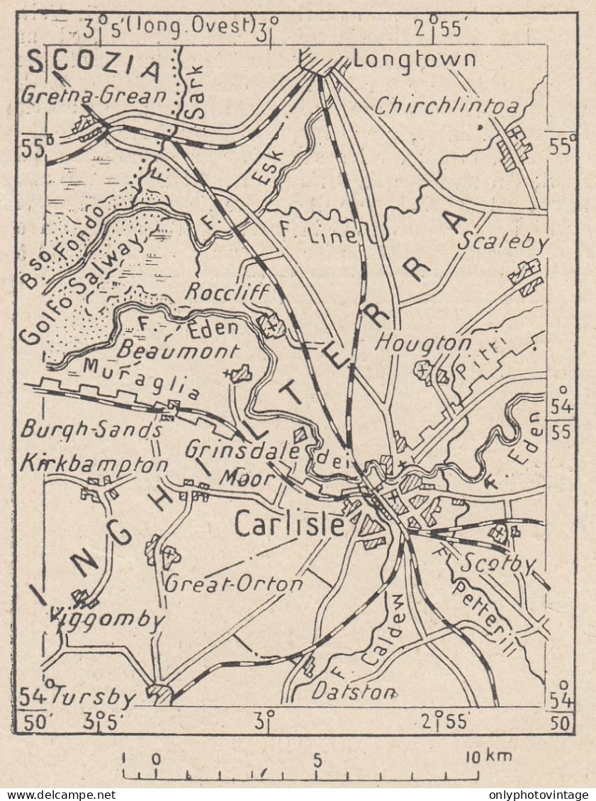 Regno Unito, Carlisle E Dintorni, 1907 Carta Geografica Epoca, Vintage Map - Cartes Géographiques