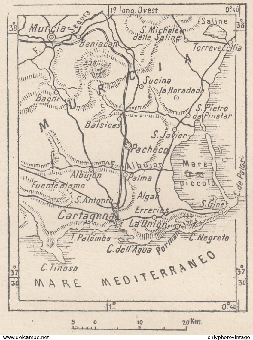 Spagna, Cartagena E Dintorni, 1907 Carta Geografica Epoca, Vintage Map - Cartes Géographiques