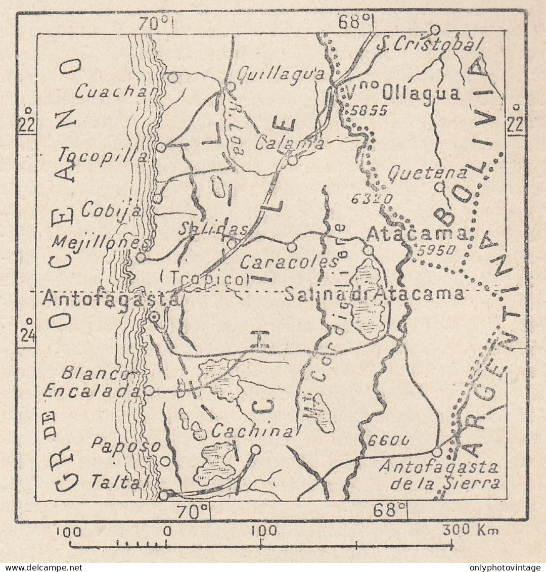 Cile, Antofagasta E Dintorni, 1907 Carta Geografica Epoca, Vintage Map - Cartes Géographiques